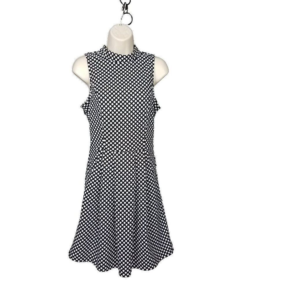 Charming Charlie Black White Polka Dot Dress W/ Pockets Back Zip Small Stretch